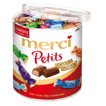 Merci Petits Schokoladen Runddose – gemischte Schokoladenspezialitäten einzeln verpackt